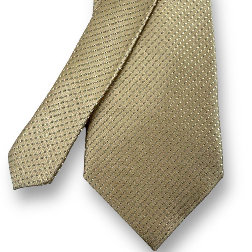 Sean John Men's 100% Silk Necktie Golden Beige Stitch‎ With Subtle Blue Dots